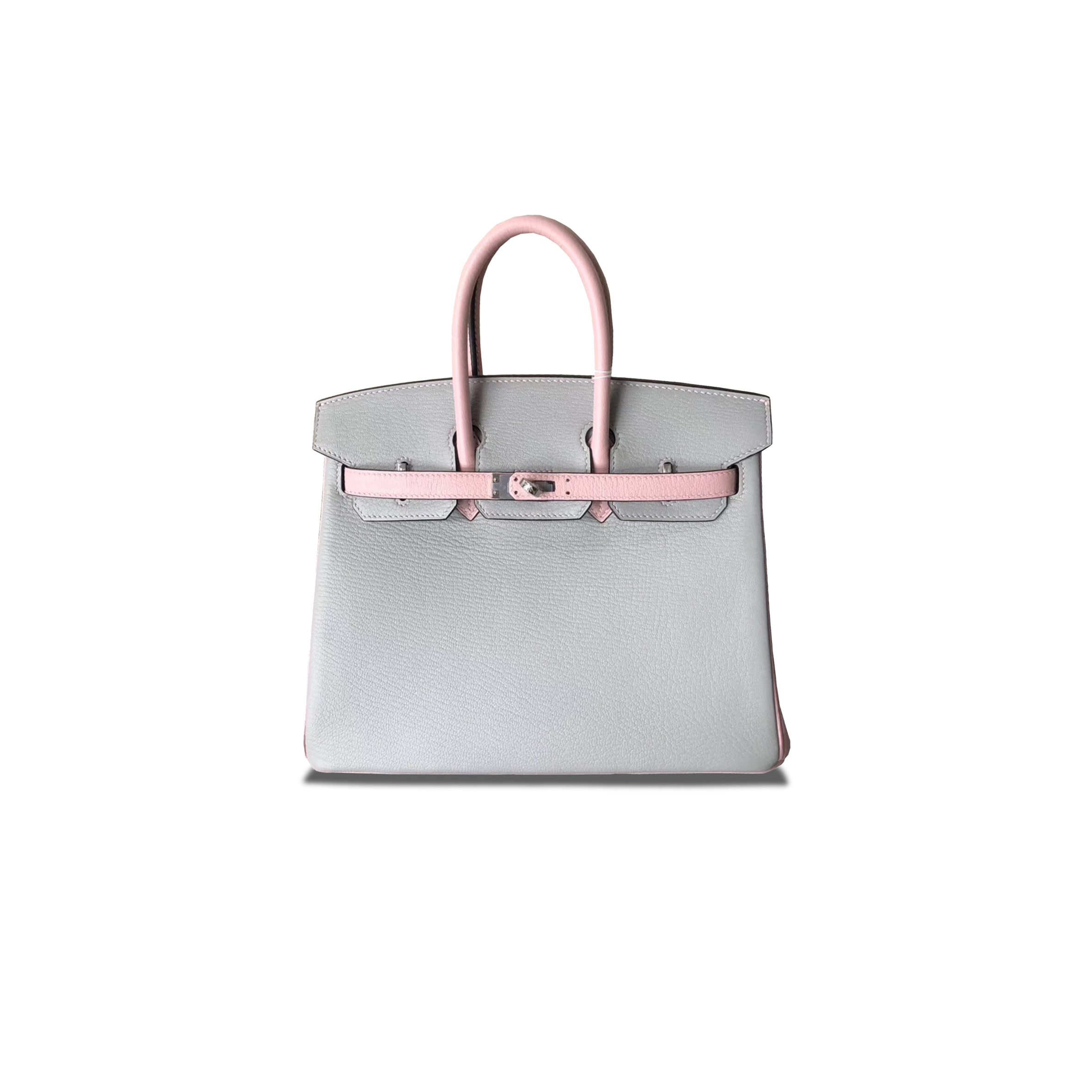 H**mes birkin 25 chevre leather pearl grey and cherry blossom pink silver buckle bag h028361cc73 (25*20*13cm)